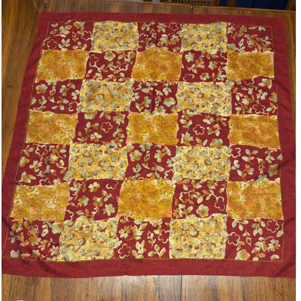 VTG Elaine Gold Red Gold Floral Patchwork Square Scarf Made in Italy 33x34